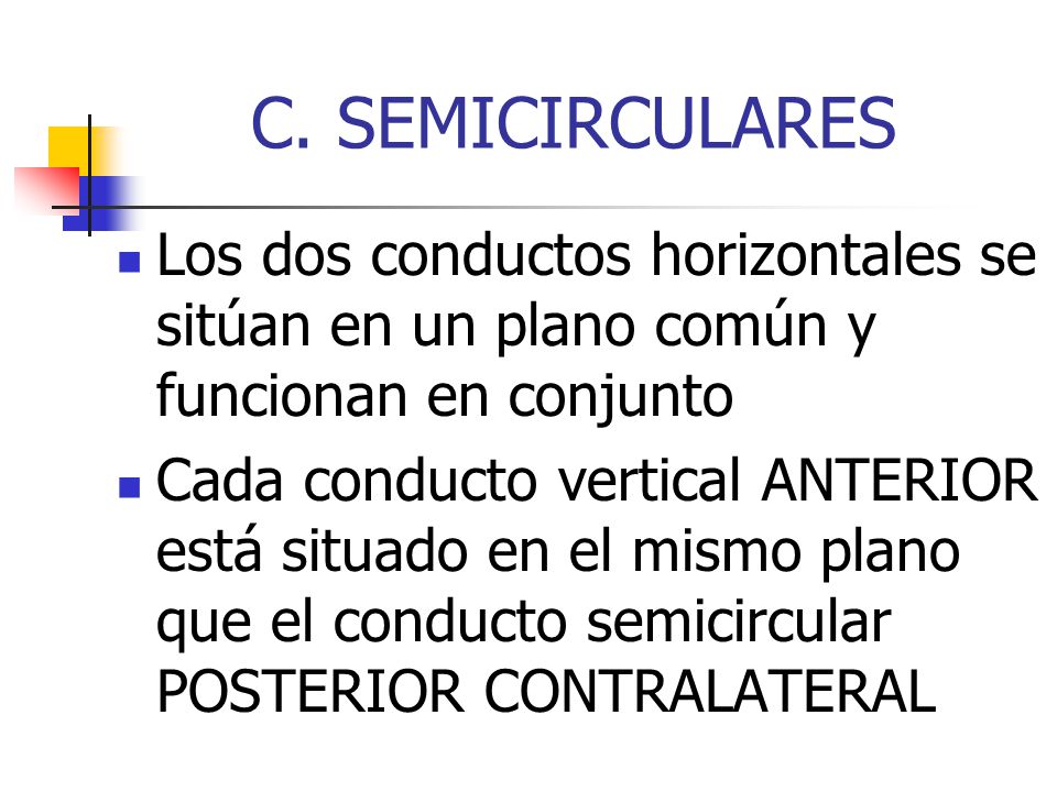 C. SEMICIRCULARES Los dos conductos horizontales se sitúan en un plano común y funcionan en conjunto.