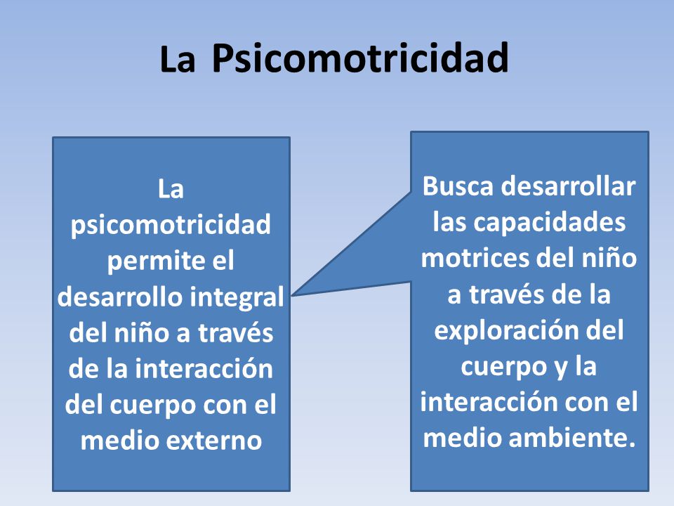 La Psicomotricidad La psicomotricidad permite el desarrollo integral del niño a través de la interacción del cuerpo con el medio externo.