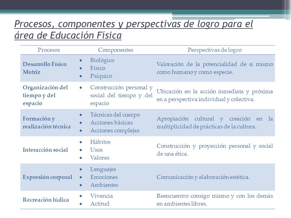 Procesos, componentes y perspectivas de logro para el área de Educación Física