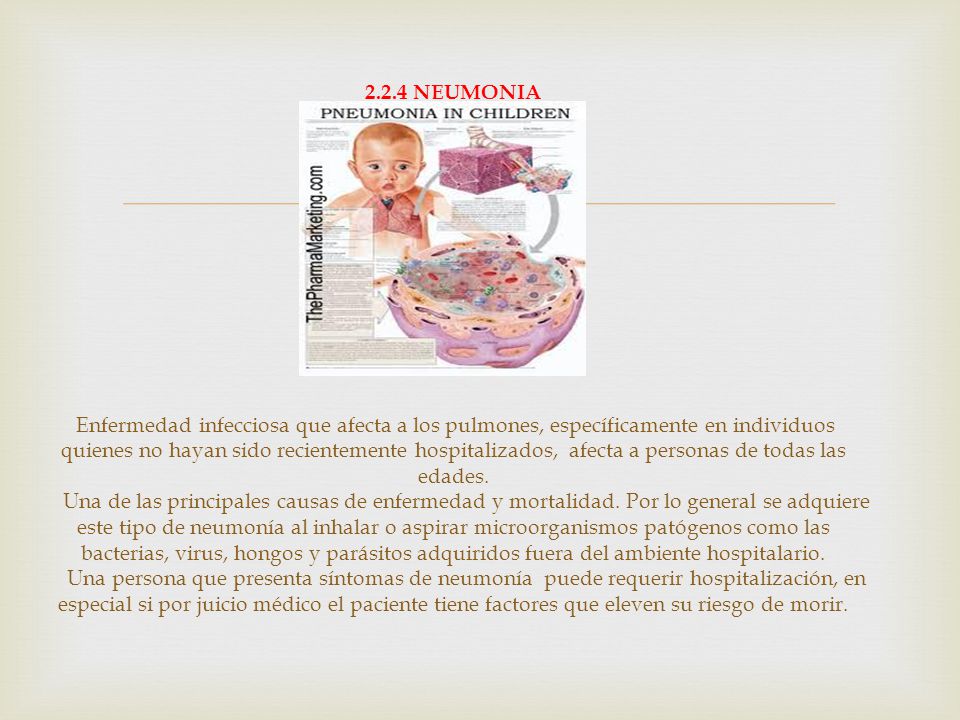 2.2.4 NEUMONIA Enfermedad infecciosa que afecta a los pulmones, específicamente en individuos quienes no hayan sido recientemente hospitalizados, afecta a personas de todas las edades.