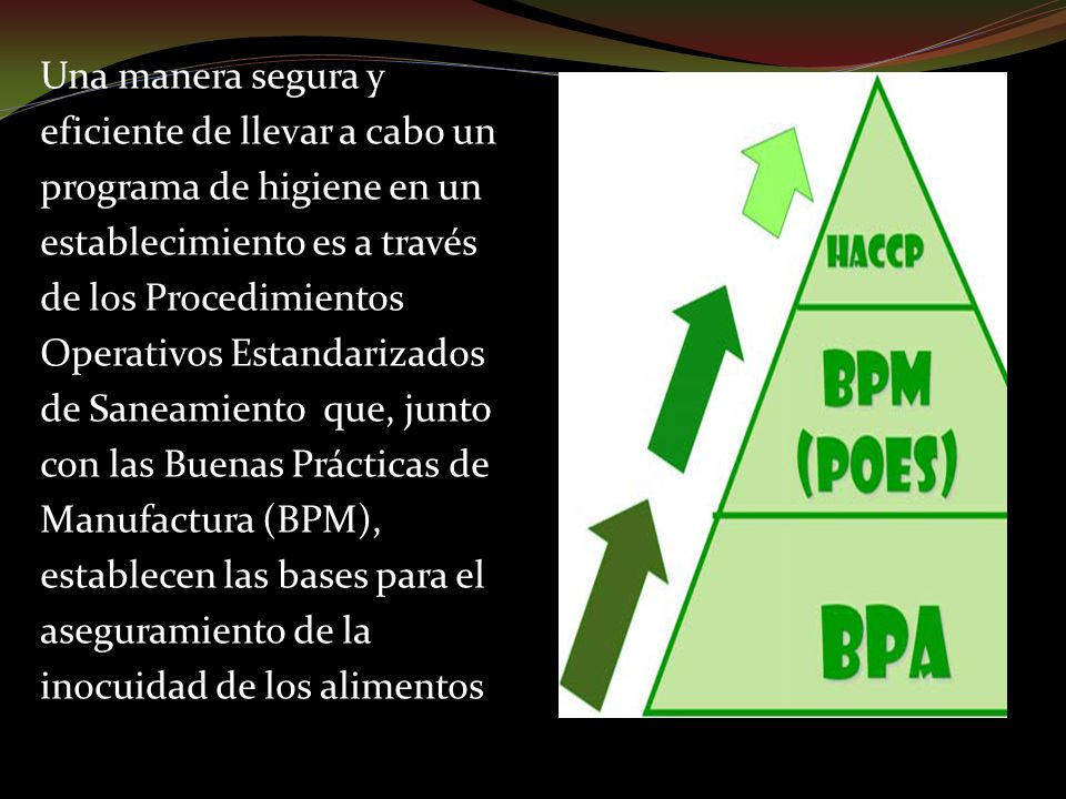Una manera segura y eficiente de llevar a cabo un programa de higiene en un establecimiento es a través de los Procedimientos Operativos Estandarizados de Saneamiento que, junto con las Buenas Prácticas de Manufactura (BPM), establecen las bases para el aseguramiento de la inocuidad de los alimentos