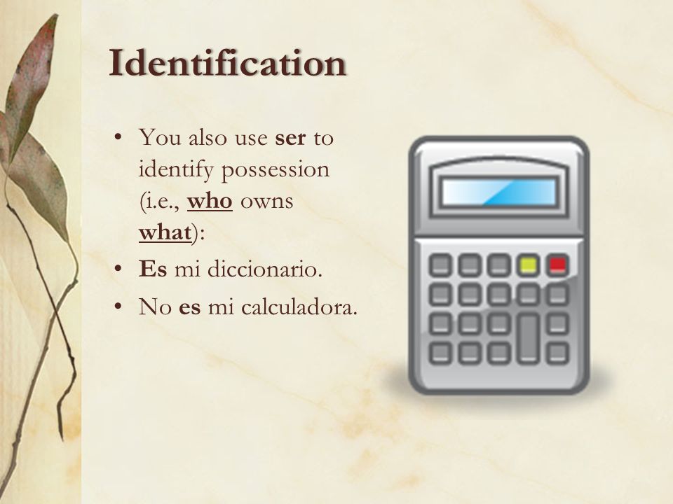 Identification You also use ser to identify possession (i.e., who owns what): Es mi diccionario.