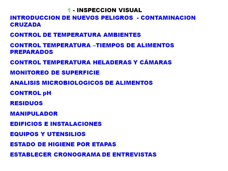 1 - INSPECCION VISUAL INTRODUCCION DE NUEVOS PELIGROS - CONTAMINACION CRUZADA. CONTROL DE TEMPERATURA AMBIENTES.