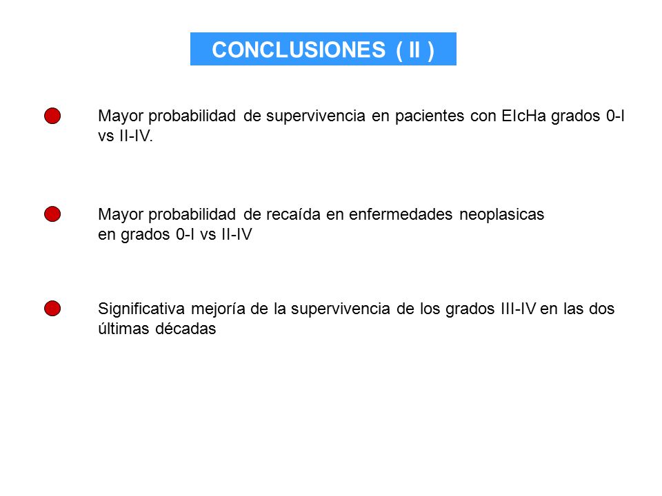 CONCLUSIONES ( II ) Mayor probabilidad de supervivencia en pacientes con EIcHa grados 0-I vs II-IV.