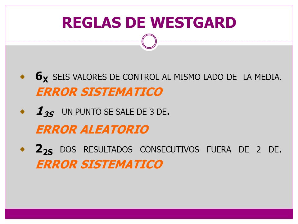 REGLAS DE WESTGARD 6X SEIS VALORES DE CONTROL AL MISMO LADO DE LA MEDIA. ERROR SISTEMATICO. 13S UN PUNTO SE SALE DE 3 DE.