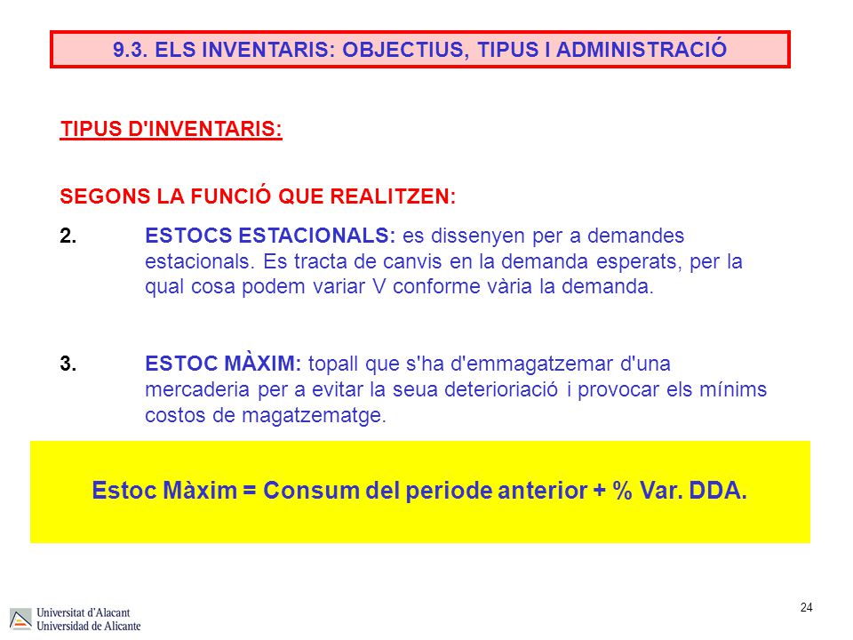 Estoc Màxim = Consum del periode anterior + % Var. DDA.