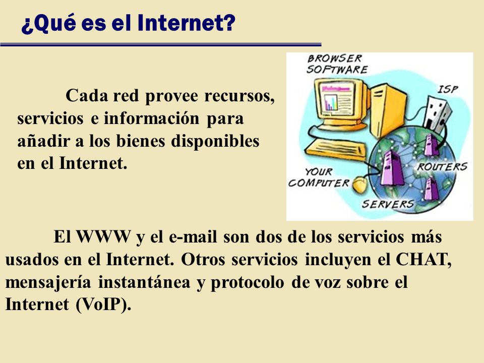 ¿Qué es el Internet Cada red provee recursos, servicios e información para añadir a los bienes disponibles en el Internet.