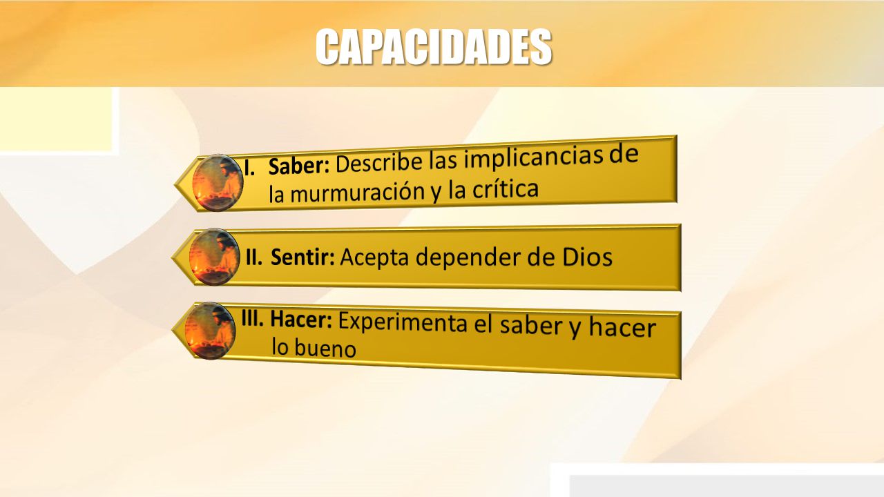 CAPACIDADES I. Saber: Describe las implicancias de la murmuración y la crítica. II. Sentir: Acepta depender de Dios.