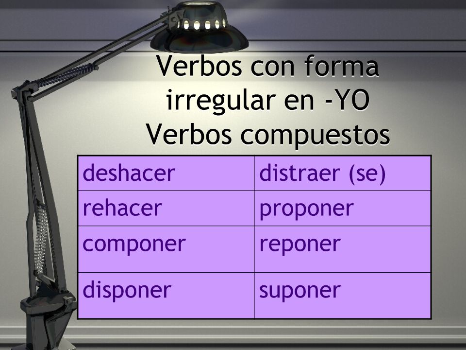 Verbos con forma irregular en -YO Verbos compuestos