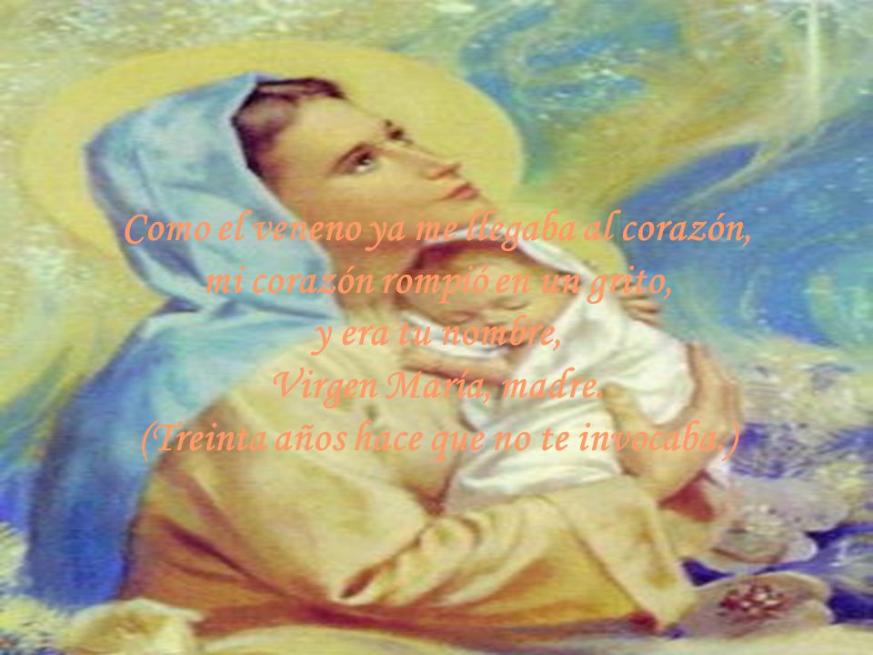 Como el veneno ya me llegaba al corazón, mi corazón rompió en un grito, y era tu nombre, Virgen María, madre.