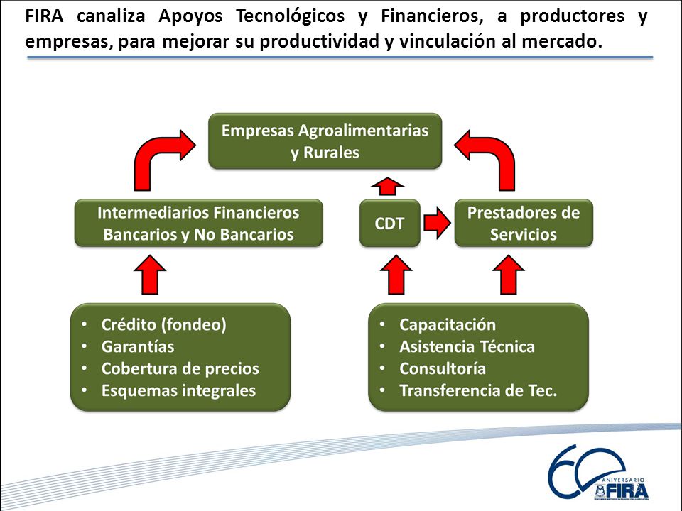 FIRA canaliza Apoyos Tecnológicos y Financieros, a productores y empresas, para mejorar su productividad y vinculación al mercado.