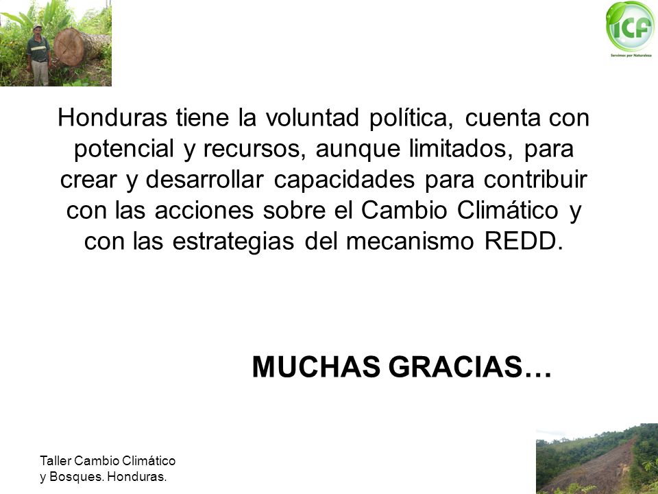 Honduras tiene la voluntad política, cuenta con potencial y recursos, aunque limitados, para crear y desarrollar capacidades para contribuir con las acciones sobre el Cambio Climático y con las estrategias del mecanismo REDD.