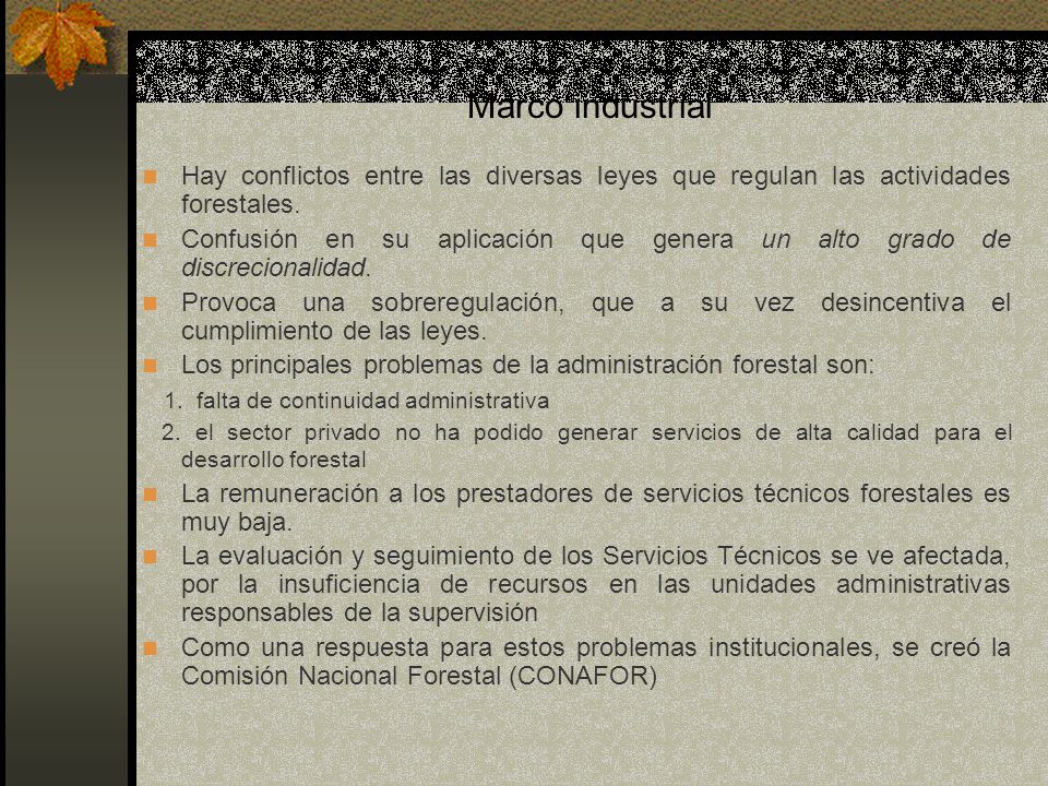 Marco industrial Hay conflictos entre las diversas leyes que regulan las actividades forestales.