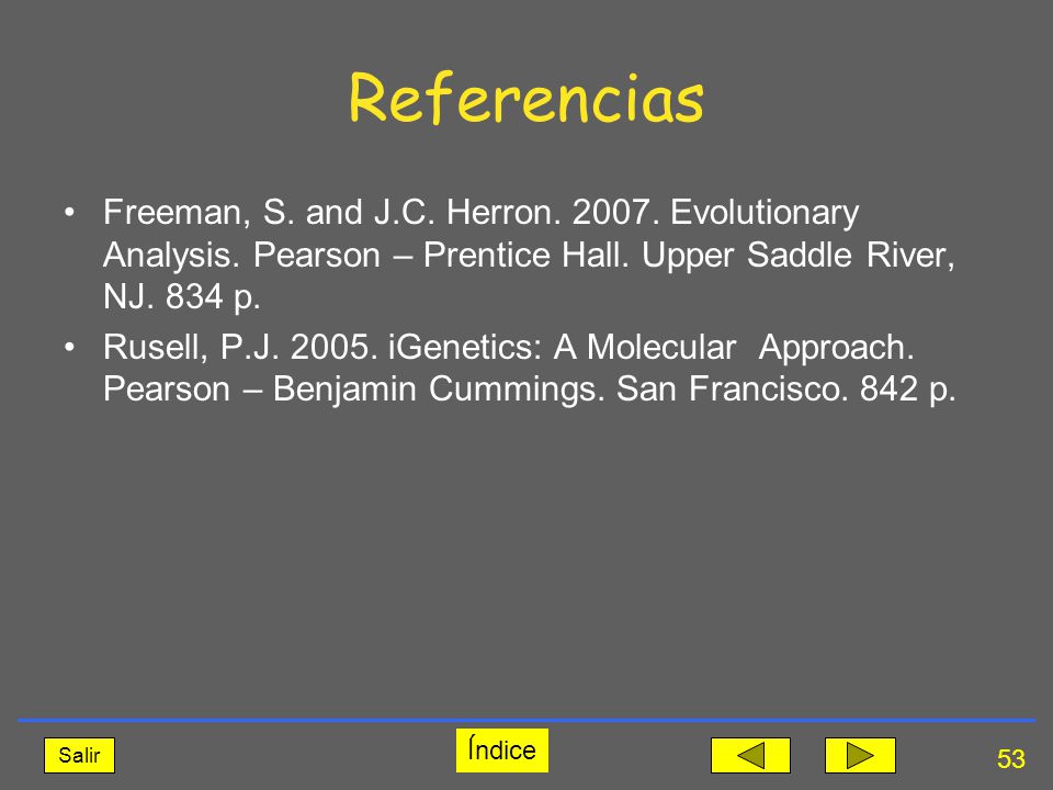 Referencias Freeman, S. and J.C. Herron Evolutionary Analysis. Pearson – Prentice Hall. Upper Saddle River, NJ. 834 p.