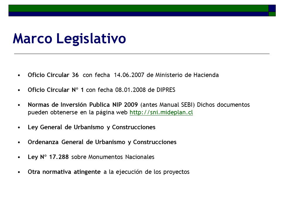 Marco Legislativo Oficio Circular 36 con fecha de Ministerio de Hacienda. Oficio Circular Nº 1 con fecha de DIPRES.
