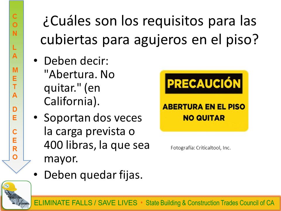 ¿Cuáles son los requisitos para las cubiertas para agujeros en el piso