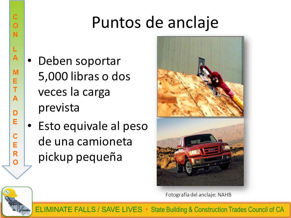 Puntos de anclaje Deben soportar 5,000 libras o dos veces la carga prevista. Esto equivale al peso de una camioneta pickup pequeña.