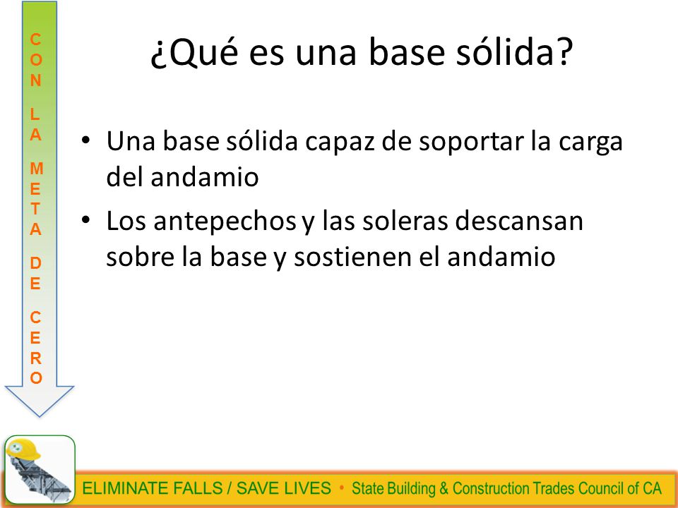 ¿Qué es una base sólida Una base sólida capaz de soportar la carga del andamio.