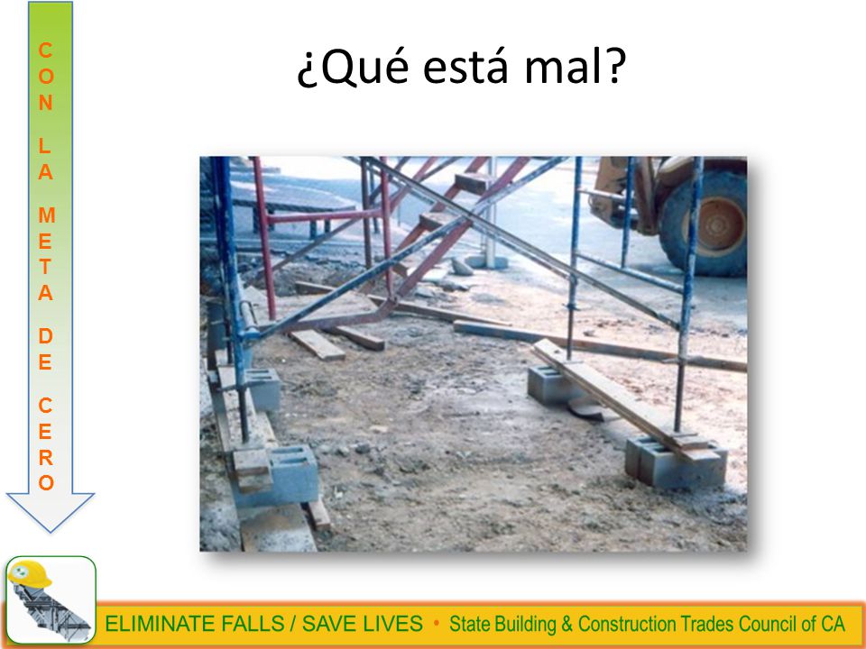 ¿Qué está mal Dígale al grupo: Los bloques de concreto o ladrillos no son aceptables como base del andamio.