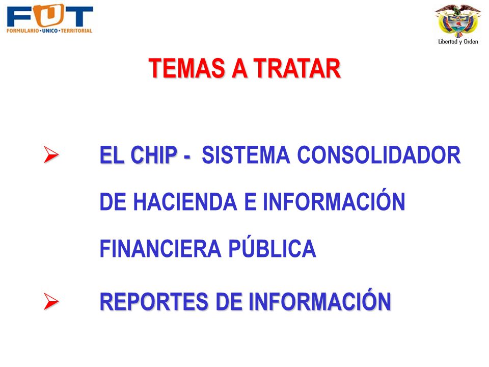 TEMAS A TRATAR EL CHIP - SISTEMA CONSOLIDADOR DE HACIENDA E INFORMACIÓN FINANCIERA PÚBLICA.