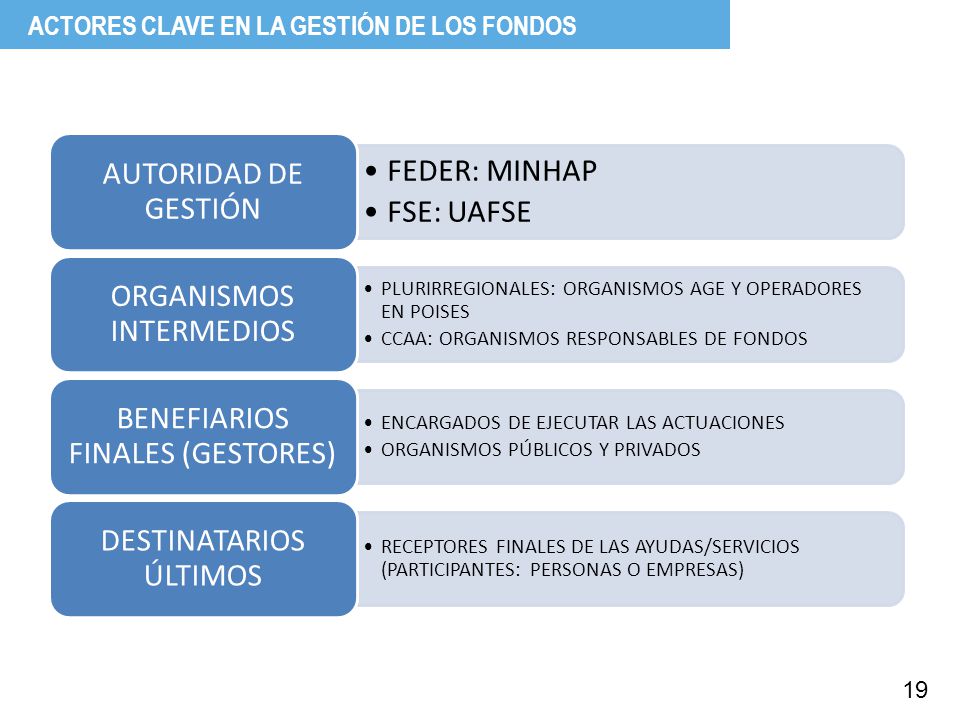 FEDER: MINHAP FSE: UAFSE ACTORES CLAVE EN LA GESTIÓN DE LOS FONDOS 19