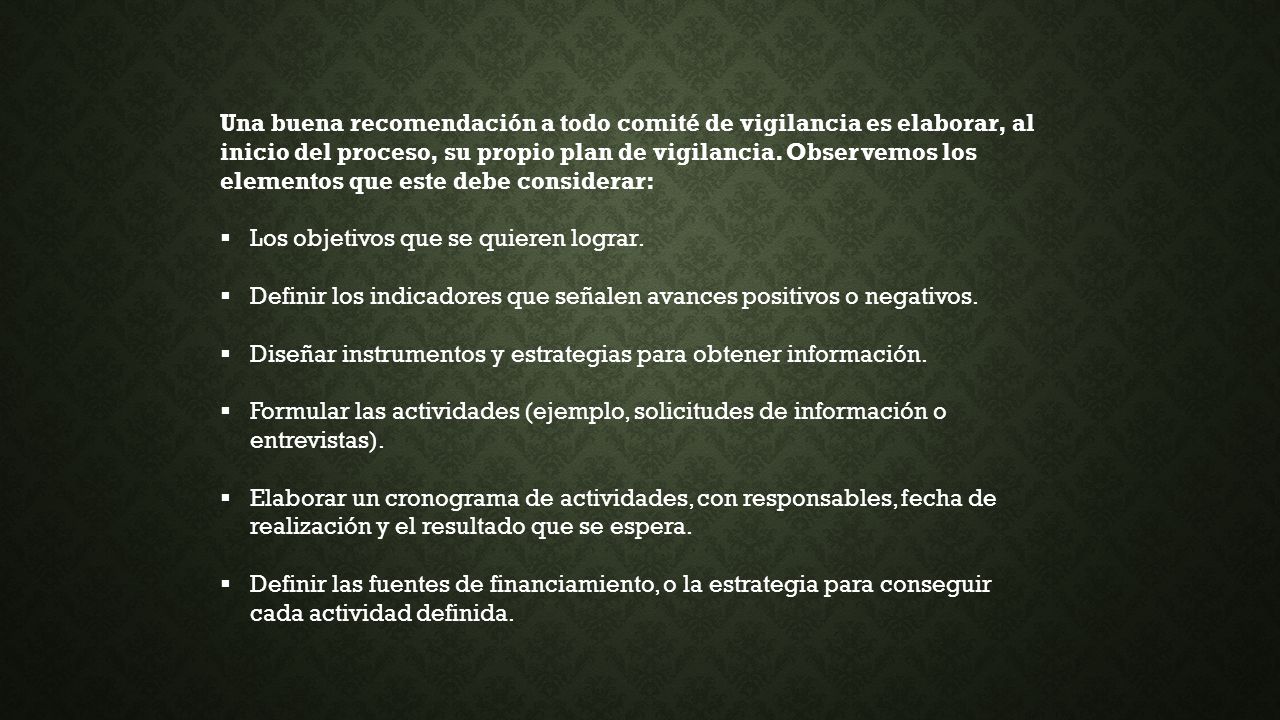 Una buena recomendación a todo comité de vigilancia es elaborar, al inicio del proceso, su propio plan de vigilancia. Observemos los elementos que este debe considerar: