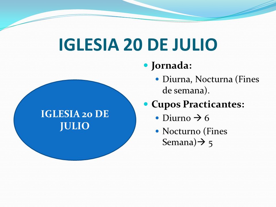 IGLESIA 20 DE JULIO Jornada: Cupos Practicantes: IGLESIA 20 DE JULIO