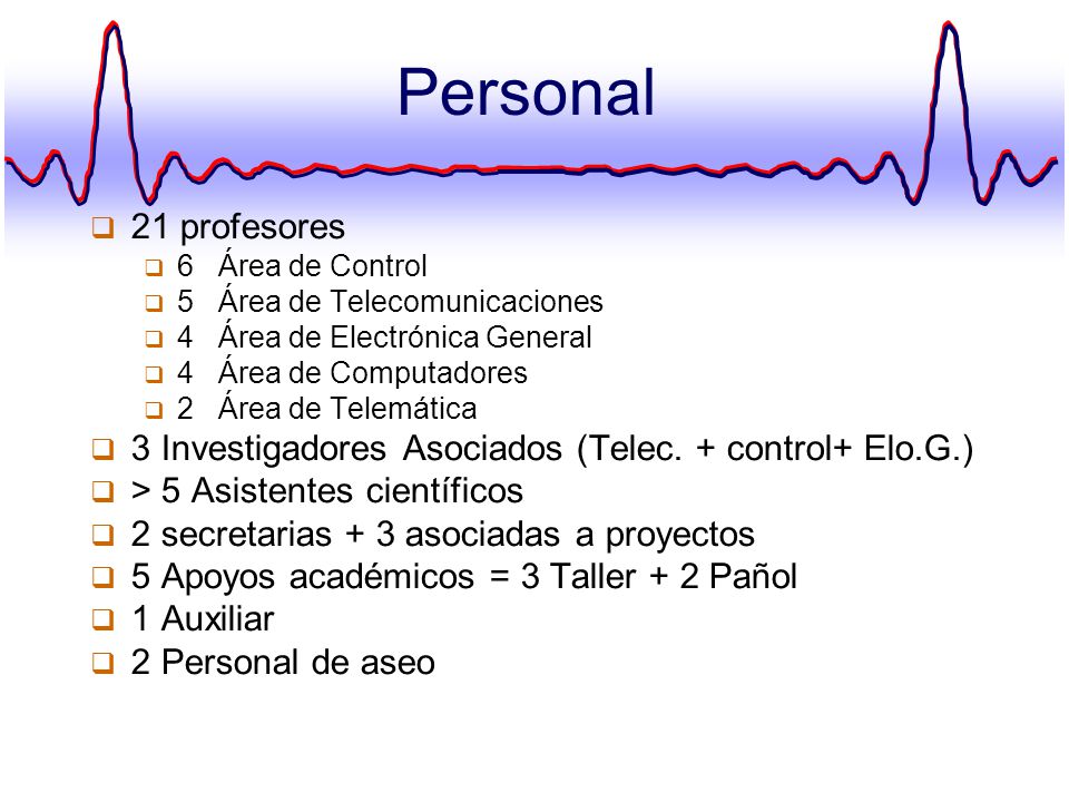Personal 21 profesores. 6 Área de Control. 5 Área de Telecomunicaciones. 4 Área de Electrónica General.