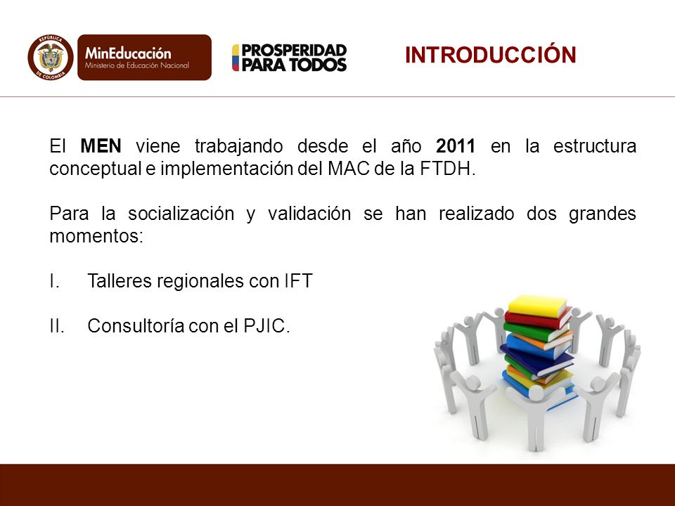 INTRODUCCIÓN El MEN viene trabajando desde el año 2011 en la estructura conceptual e implementación del MAC de la FTDH.