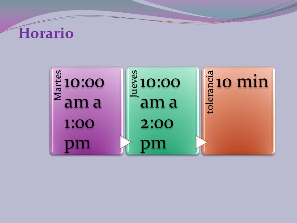 10:00 am a 1:00 pm 10:00 am a 2:00 pm 10 min Horario Martes Jueves