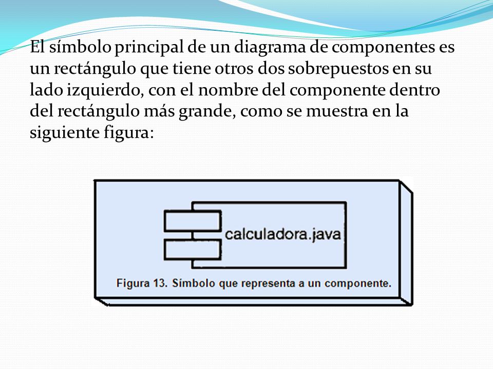 El símbolo principal de un diagrama de componentes es un rectángulo que tiene otros dos sobrepuestos en su lado izquierdo, con el nombre del componente dentro del rectángulo más grande, como se muestra en la siguiente figura: