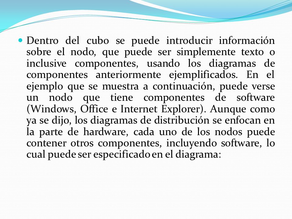 Dentro del cubo se puede introducir información sobre el nodo, que puede ser simplemente texto o inclusive componentes, usando los diagramas de componentes anteriormente ejemplificados.