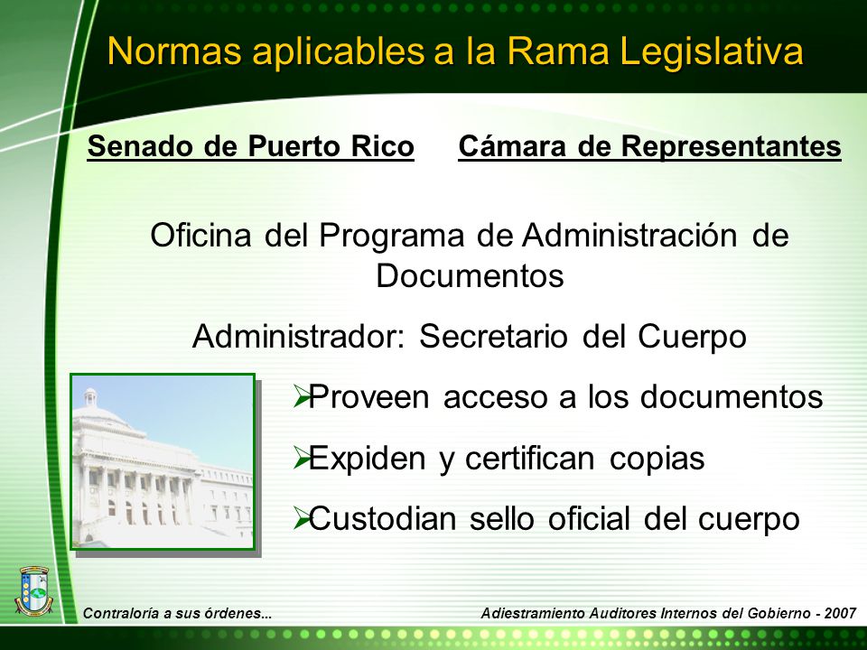 Normas aplicables a la Rama Legislativa