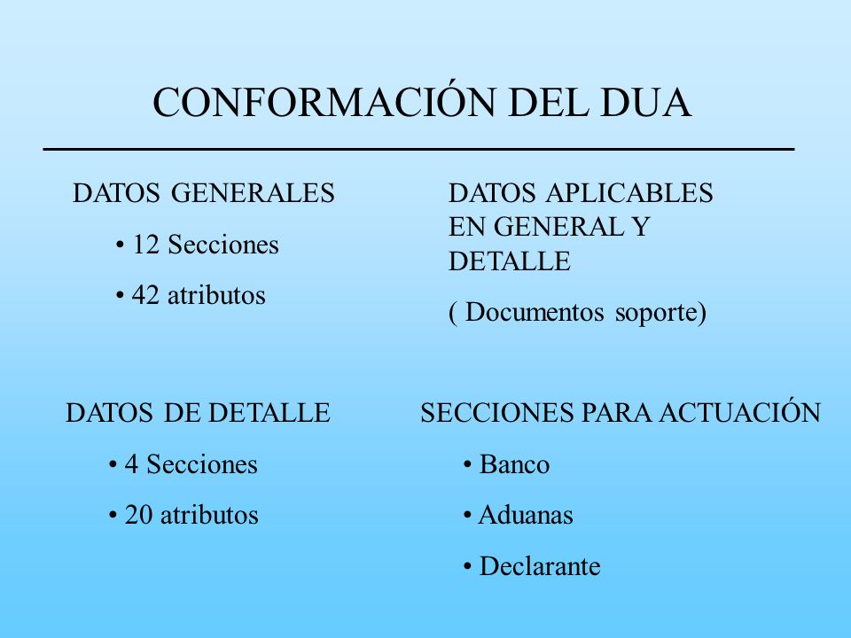 CONFORMACIÓN DEL DUA DATOS GENERALES 12 Secciones 42 atributos