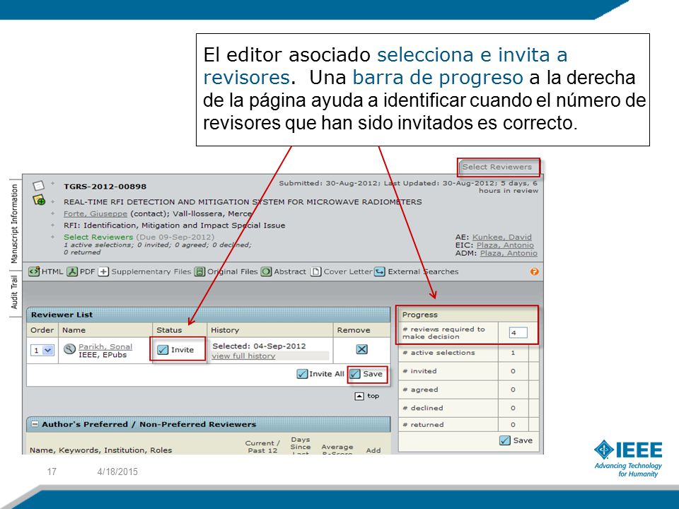 El editor asociado selecciona e invita a revisores