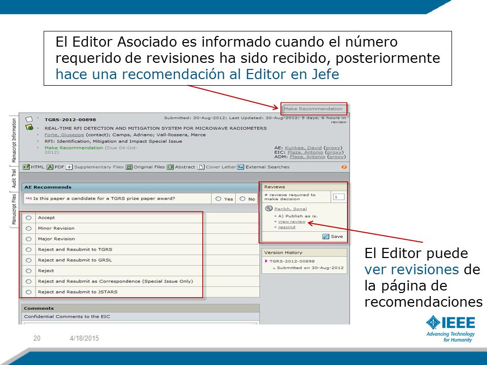 El Editor puede ver revisiones de la página de recomendaciones