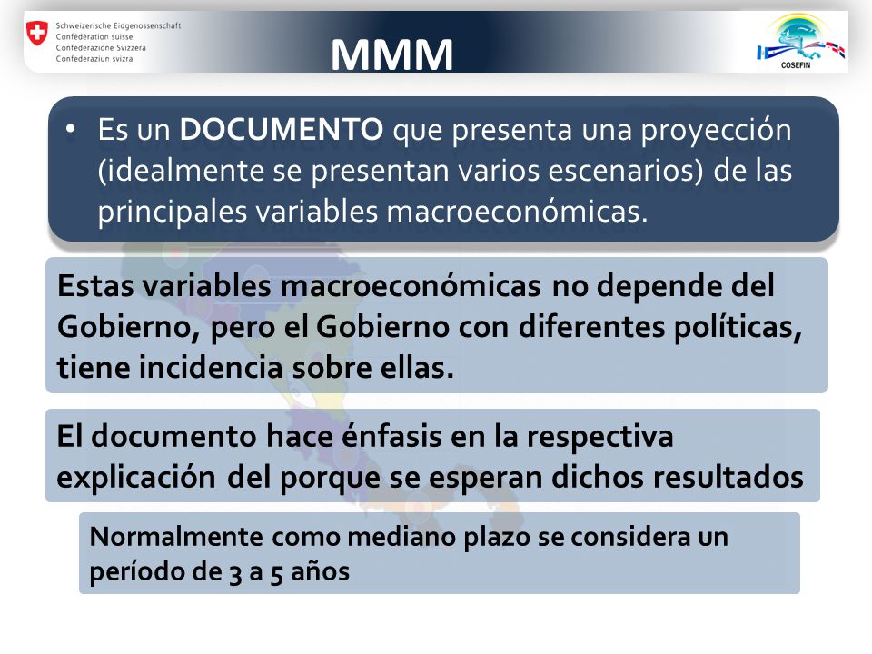 MMM Es un DOCUMENTO que presenta una proyección (idealmente se presentan varios escenarios) de las principales variables macroeconómicas.