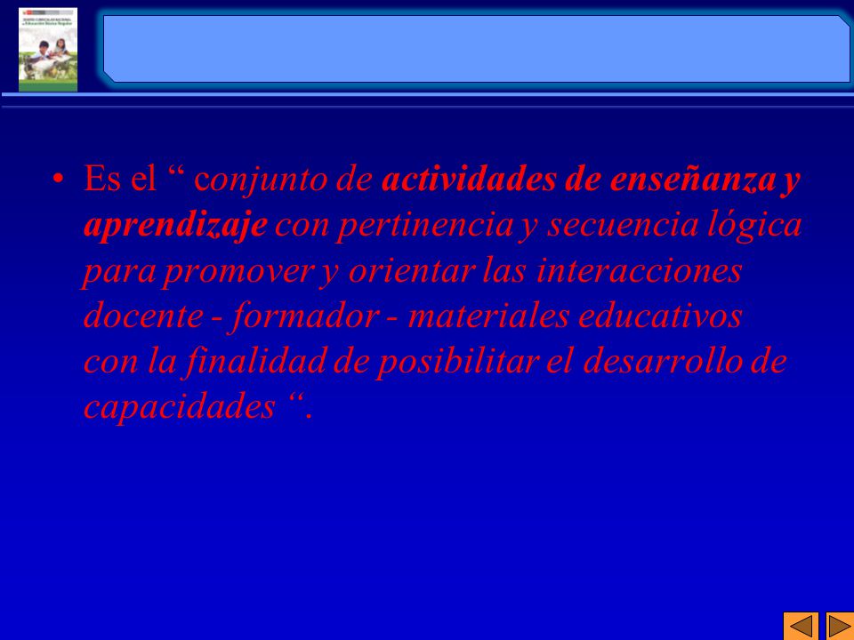 Es el conjunto de actividades de enseñanza y aprendizaje con pertinencia y secuencia lógica para promover y orientar las interacciones docente - formador - materiales educativos con la finalidad de posibilitar el desarrollo de capacidades .