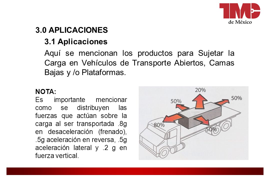 3.0 APLICACIONES 3.1 Aplicaciones Aquí se mencionan los productos para Sujetar la Carga en Vehículos de Transporte Abiertos, Camas Bajas y /o Plataformas.