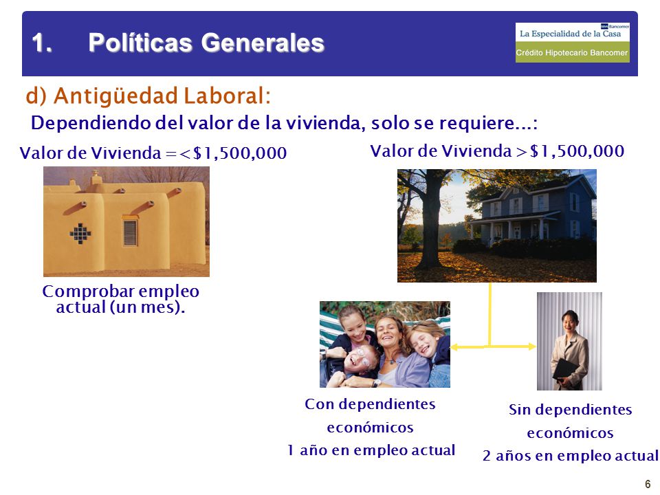 Valor de Vivienda =<$1,500,000 Comprobar empleo actual (un mes).