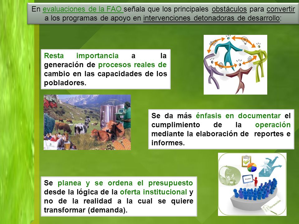 En evaluaciones de la FAO señala que los principales obstáculos para convertir a los programas de apoyo en intervenciones detonadoras de desarrollo: