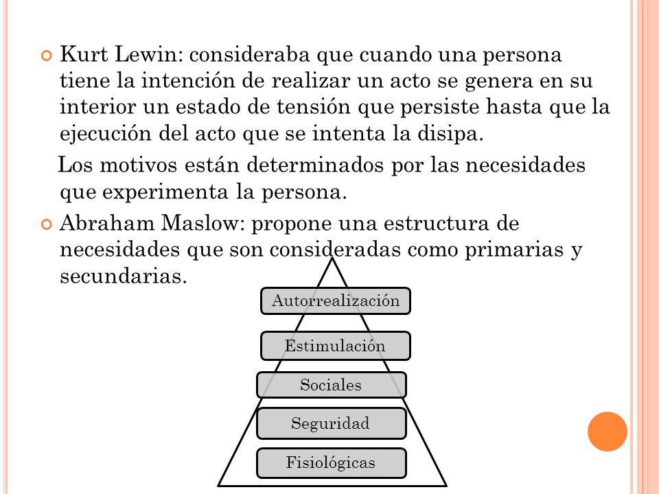 Kurt Lewin: consideraba que cuando una persona tiene la intención de realizar un acto se genera en su interior un estado de tensión que persiste hasta que la ejecución del acto que se intenta la disipa.