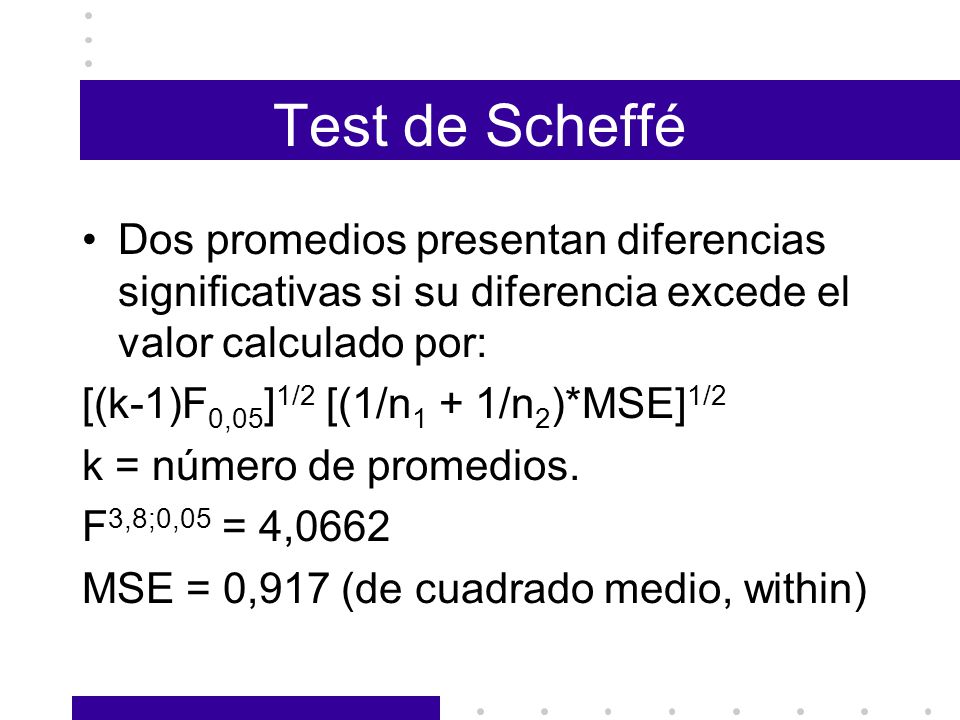 Test de Scheffé Dos promedios presentan diferencias significativas si su diferencia excede el valor calculado por: