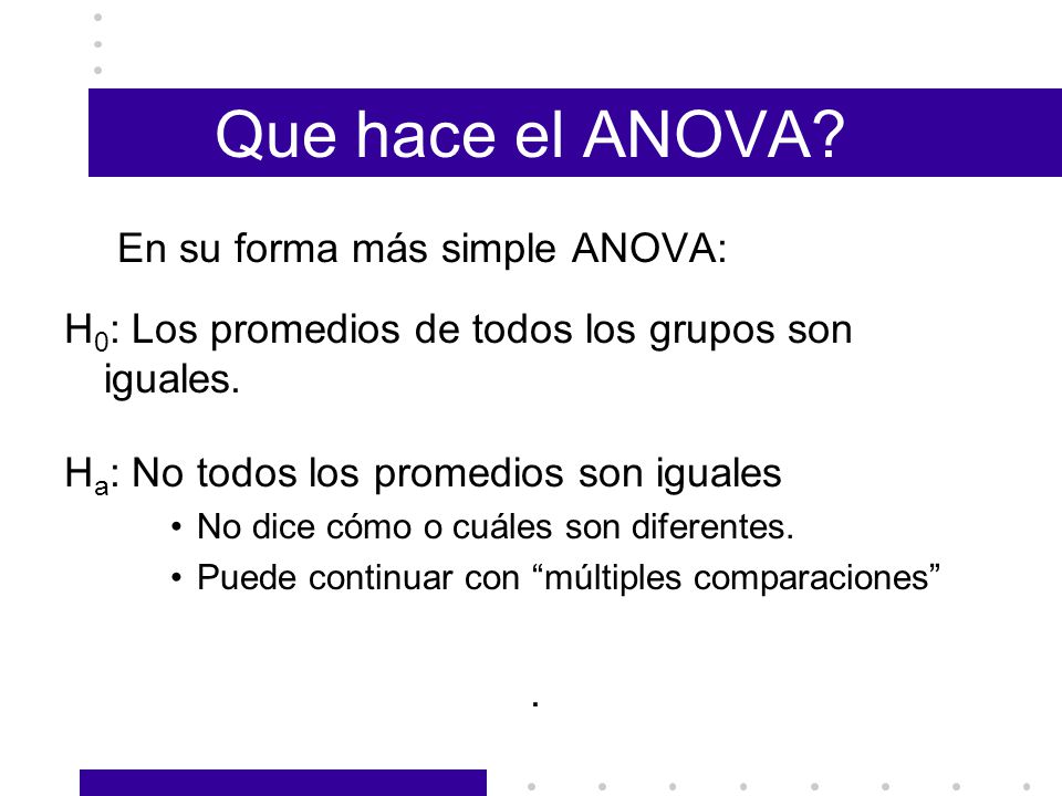 Que hace el ANOVA En su forma más simple ANOVA: