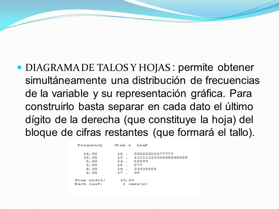 DIAGRAMA DE TALOS Y HOJAS : permite obtener simultáneamente una distribución de frecuencias de la variable y su representación gráfica.