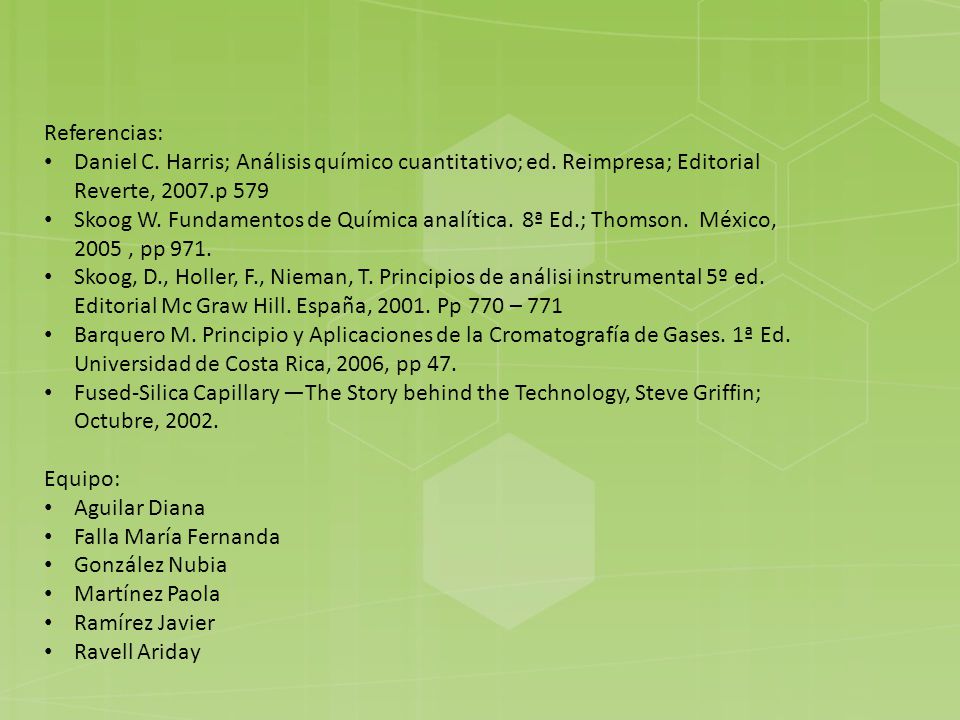 Referencias: Daniel C. Harris; Análisis químico cuantitativo; ed. Reimpresa; Editorial Reverte, 2007.p 579.