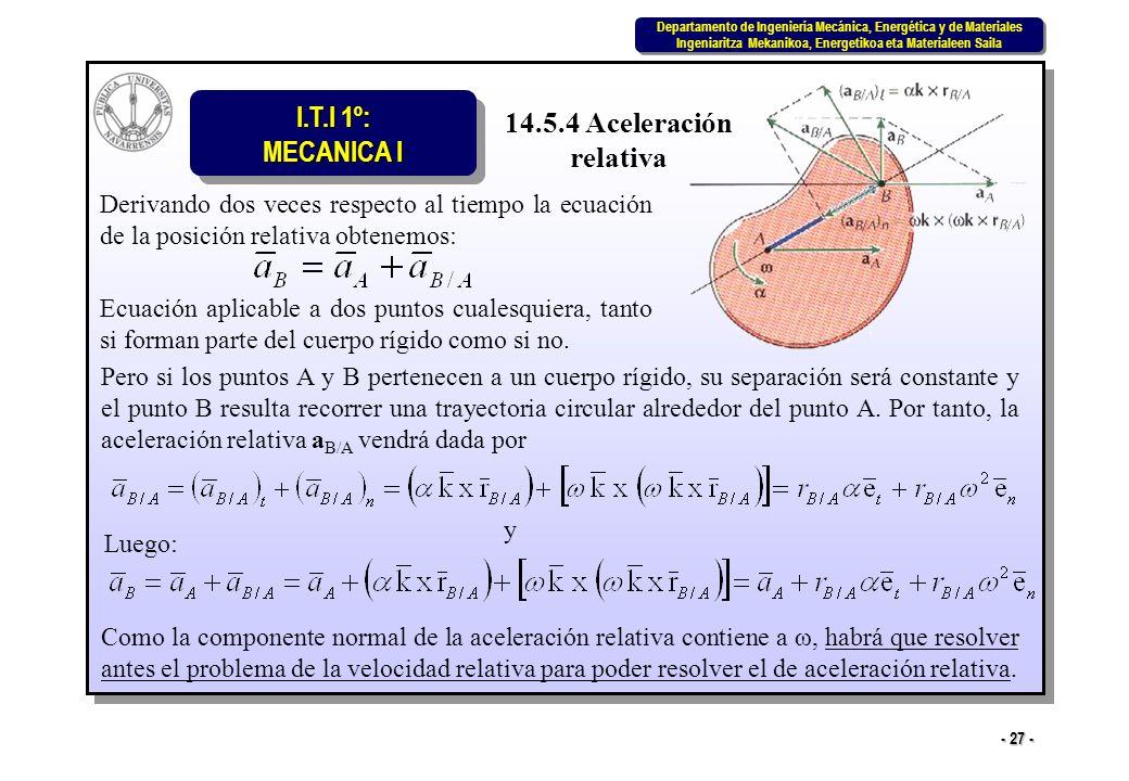 Aceleración relativa. Derivando dos veces respecto al tiempo la ecuación de la posición relativa obtenemos: