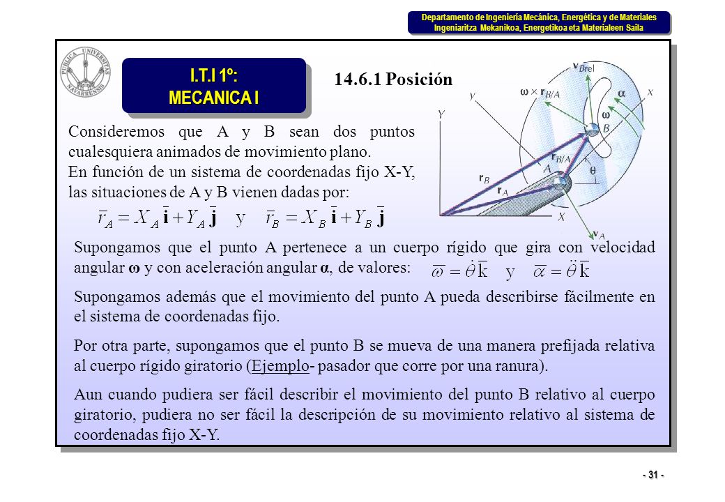 Posición Consideremos que A y B sean dos puntos cualesquiera animados de movimiento plano.