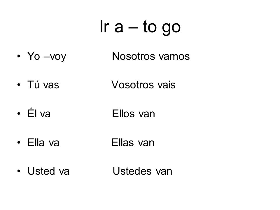 Ir a – to go Yo –voy Nosotros vamos Tú vas Vosotros vais
