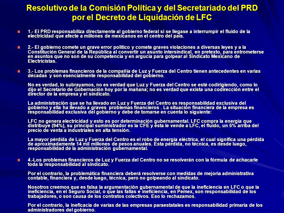 Resolutivo de la Comisión Política y del Secretariado del PRD por el Decreto de Liquidación de LFC